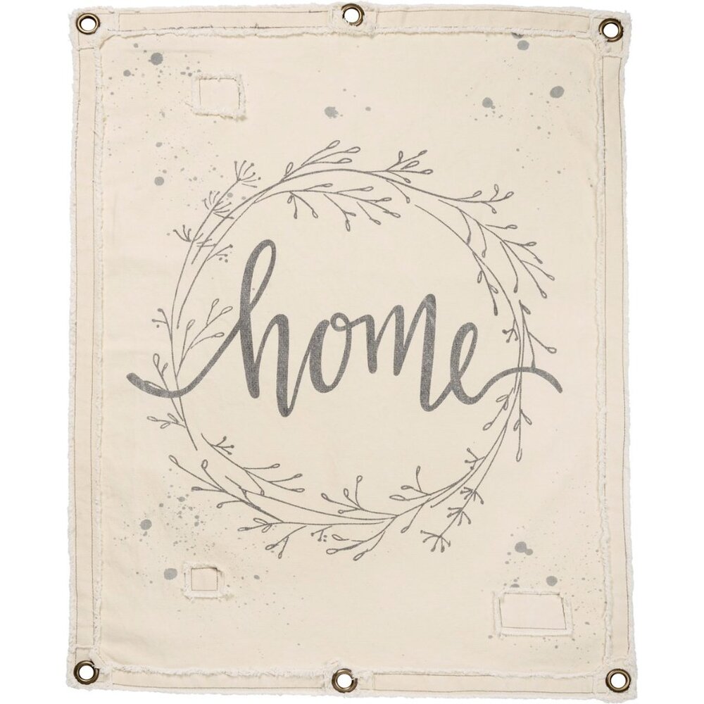 “Home” Canvas Wall Banner with Wreath – Hand Lettered Inspirational Wall Décor